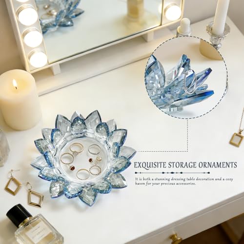 Crystal Flower Jewelry Tray, Luxury Transparent Decorative Trinket Dish for Rings, Earrings, Necklaces, Keys for Vanity Dresser Nightstand, Elegant Gift for Women Mother's Day (1, 6.3"(W)- Blue) - size: 6.3"(W)- Blue