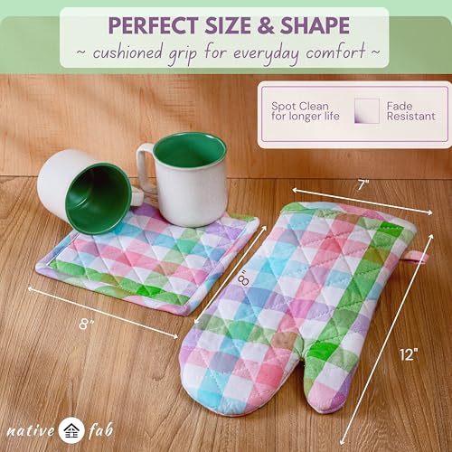 Native Fab 4 Piece Set - Gingham Check 2 Oven Mitts & 2 Potholders, Heat Resistant, 100% Cotton, Quilted Design, Non-Slip Grip, Ideal for Baking, Cooking, BBQ, Kitchen Protection, Multicolor - color: Gingham Pastels