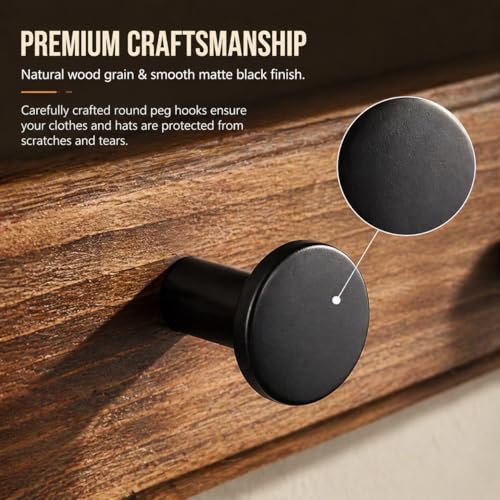 POZEAN Wooden Coat Rack Wall Mount, 2 Pack Wall Mounted Coat Hangers with 5 Smooth Round Hooks, Space Saving Organizer for Entryway,Bathroom, Clothes, Jackets, Hats, Keys(‎Brown Plate & Black Hooks)