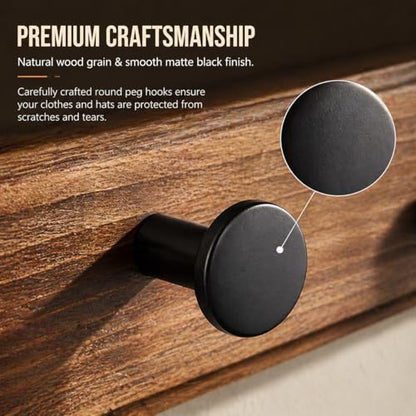 POZEAN Wooden Coat Rack Wall Mount, 2 Pack Wall Mounted Coat Hangers with 5 Smooth Round Hooks, Space Saving Organizer for Entryway,Bathroom, Clothes, Jackets, Hats, Keys(‎Brown Plate & Black Hooks)
