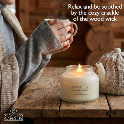 Vanilla Volcano Candle 19oz: 80-Hour Burn, Creamy Smooth Vanilla Scent, Hybrid Soy Wax, Crackling Wood Wick, Cream Matte Glass Jar, Gold Foil Gift Box by Spotless Candles - color: Vanilla 19, size: 19oz