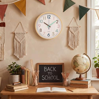 Qunclay Boho Classroom Wall Clock Colorful Fun 8 Inch Silent Non-Ticking Battery Operated Clock for Back to School Office Bedroom Living Room Playroom Nursery Kitchen Brown Bamboo Grain