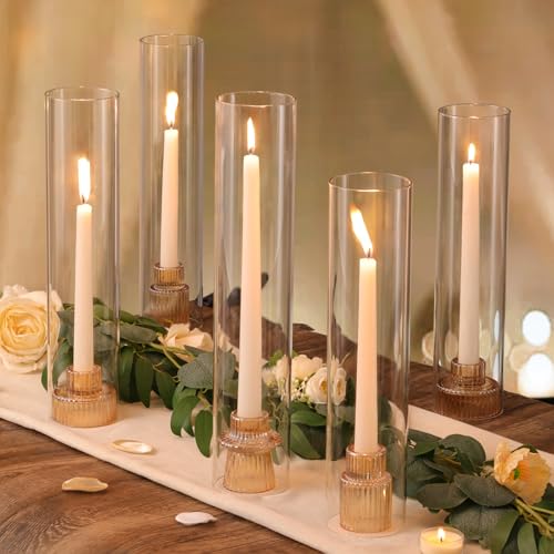 NITIME 9 Set Hurricane Glass Candle Holders for Table Centerpieces, Gold Candlestick Holders with Windproof Cylinder Covers(11.8"/12.6"/13.8" H), Taper Candle Holders for Wedding, Party and Home Decor - color: Gold, size: 11.8"/12.6"/13.8" H--9pcs+9pcs Ca