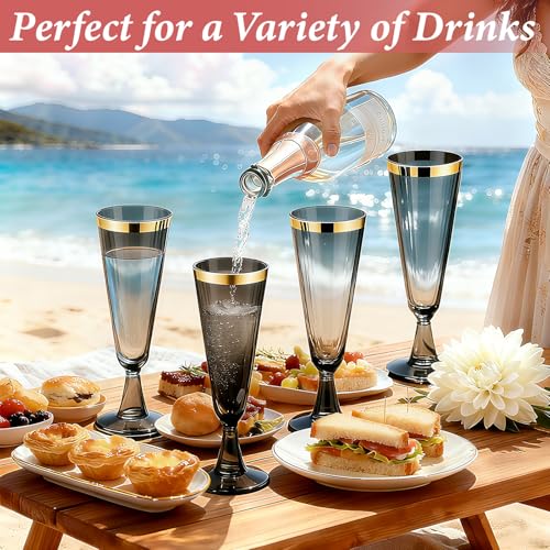 100 Pack Plastic Champagne Flutes Black, Disposable Plastic Champagne Glasses with Gold Rim, Wine Glasses Cups for Wedding Celebration Birthday Party Wine Tasting New Years Eve Party Supplies - color: Gold Rim Black, size: 100-Pack