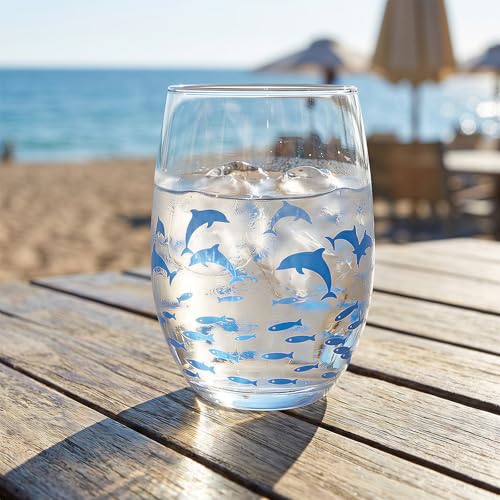 Hand Blown Etched Stemless Wine Glasses 19oz, Set of 4, Everyday Drinking Glasses, Large capacity, Unique Gifts for Him Her for Birthday, Wedding, Anniversary - color: Clear With Marine dolphins & fishes