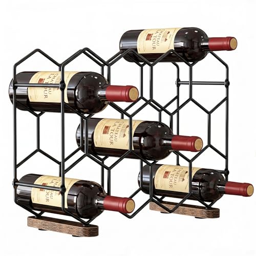 Nuovoware Countertop Wine Rack, 14-Bottle, 3 Tier, Black+Brown | Wine Bottle Organizer Storage, Freestanding Modern Carbon Steel Holder, Hexagonal Structure, for Cabinet, Pantry