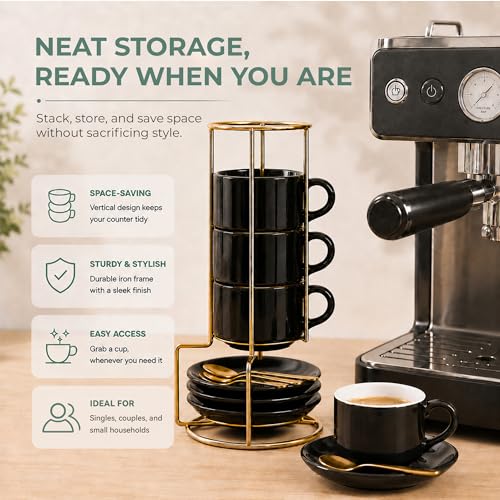 3 Ounce Espresso Cups Set of 4, Black | Stackable Demitasse Mugs, Includes Display Stand, Cups Saucers, and Spoons, for Machines & Home Use - color: Black