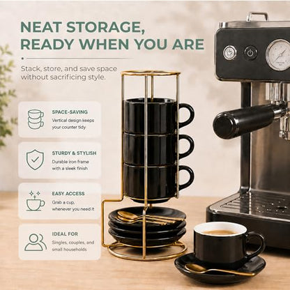 3 Ounce Espresso Cups Set of 4, Black | Stackable Demitasse Mugs, Includes Display Stand, Cups Saucers, and Spoons, for Machines & Home Use - color: Black
