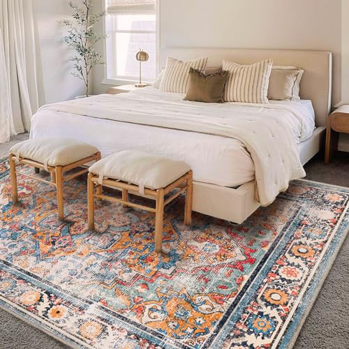 CHAMPLANT Washable Area Rug 9'x12' Boho Chic Medallion Distressed Design Non-Shedding Easy Care Ideal for High Traffic Areas in Living Room Bedroom Office Coffee Table Large Carpet - color: Blue and Yellow, size: 9' x 12' (Rectangular)