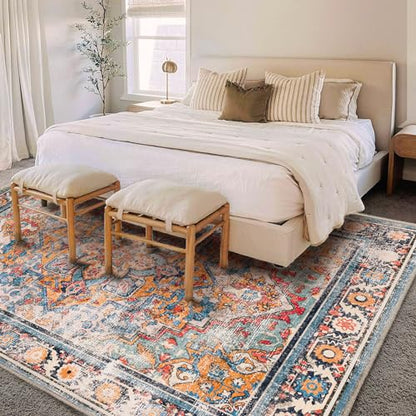 CHAMPLANT Washable Area Rug 9'x12' Boho Chic Medallion Distressed Design Non-Shedding Easy Care Ideal for High Traffic Areas in Living Room Bedroom Office Coffee Table Large Carpet - color: Blue and Yellow, size: 9' x 12' (Rectangular)