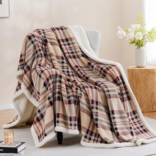 PU MEI Sherpa Fleece Throw Blanket 80" x 90" Reversible Plush Fluffy Large Big Blanket Lattice Flannel Blankets for All Season Use, Beige Stripe - color: Beige Stripe, size: 80"*90"