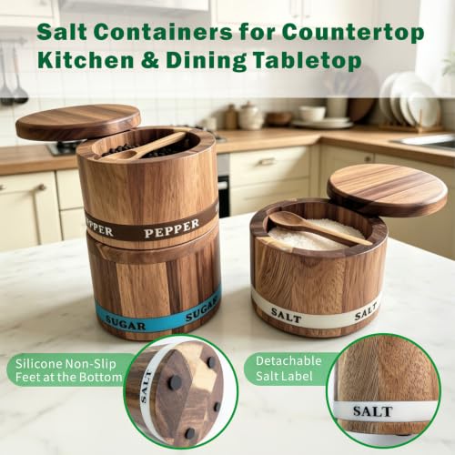 ThougrLyh Salt Cellar, Acacia Wood Salt Pepper Containers for Countertop | Built-in Spoon, Magnetic Swivel Lid, Luminous Engraved SALT Label Holder, 2pcs 6oz Kitchen Salt Box for Spice Storage - color: salt and pepper cellars
