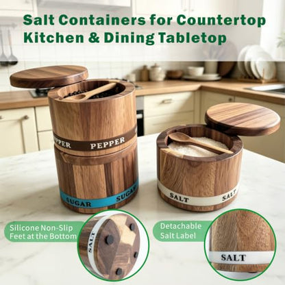 ThougrLyh Salt Cellar, Acacia Wood Salt Pepper Containers for Countertop | Built-in Spoon, Magnetic Swivel Lid, Luminous Engraved SALT Label Holder, 2pcs 6oz Kitchen Salt Box for Spice Storage - color: salt and pepper cellars