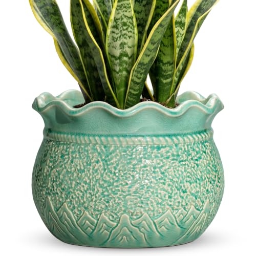 Ceramic Planter Pot, 10 Inch Plant Pot Indoor, Crack Lake Green | Unique Planter with Drainage Hole, Decorative Round Flower Pots for Snake Plant, Bathroom Decor, Plant Lover Gifts - color: Crack Lake Green, size: 10 Inch