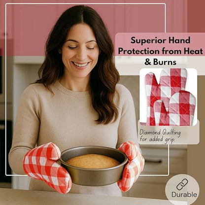 Native Fab Buffalo Plaid Check Oven Mitts and Pot Holders Set of 4, 100% Cotton Heat Resistant Kitchen Gloves, 2 Oven Mitts (7x13), 2 Pot Holders (8x8) for Cooking & Baking, Red White - color: Buffalo, Red