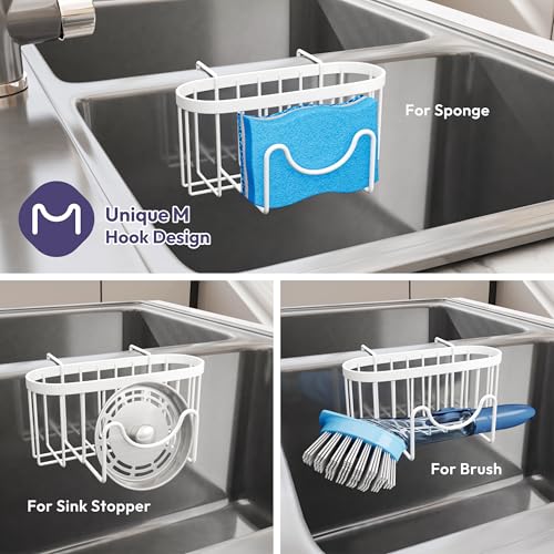 SWTYMIKI Sponge Holder for Kitchen Sink - Movable Kitchen Sink Caddy with M Shape Hook, Stainless Steel Hanging Sponge Caddy for Dish Sponge, Brush, Stopper Organizer in Double Bowl Sink, White - color: White-regular