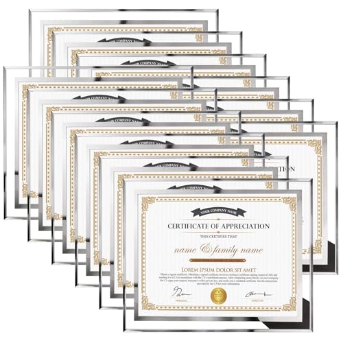Hoikwo 8.5 by 11 Picture Frames, 12 Packs 8.5x11 Silver Glass Certificate Frames for 8.5 x 11 Document Diploma Award, Only for Tabletop Display Vertically or Horizontally - size: 8.5x11-12 Frames
