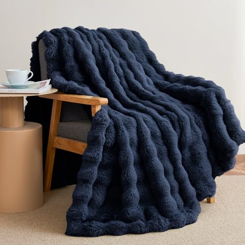 Faux Rabbit Fur Throw Blanket for Couch, Navy Blue Throw Blankets 50"x60" | Cozy Reversible Fluffy Throw, Luxury Plush Thick Bubble Blanket, Mothers Gifts for Women, Soft Warm for Bed, Home Decor - color: Navy Blue, size: Throw50"x60"