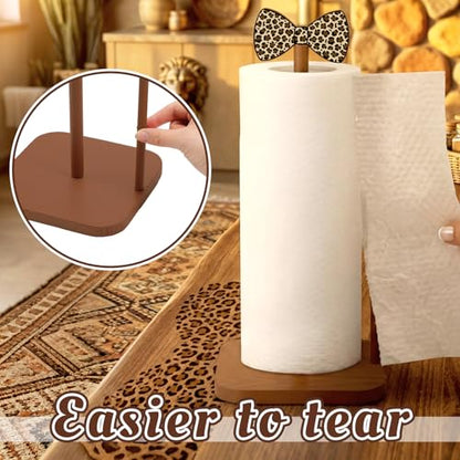 Leinuosen Leopard Print Bow Paper Towel Holder Coquettish Cute Bow Wooden Paper Towel Holder Cheetah Print Bathroom Countertop Accessories Kitchen Stand Roll Organizer Standing Apartment Decor Gift - style: Leopard Print Bow