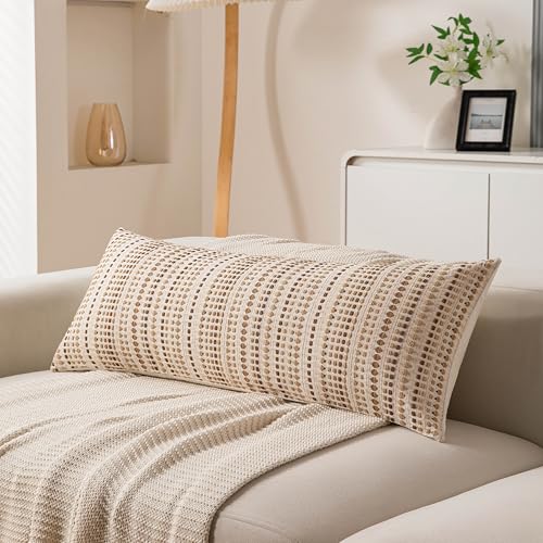 Boho Long Lumbar Body Decorative Throw Pillow Covers 14x36 Inch Pack of 1 Beige Woven Striped Pillow Cover Cotton Accent Pillowcase Farmhouse Cushion Covers for Home Decor Bed Couch Sofa Bench - color: Beige, size: 36" x 14" (Pack of 1)
