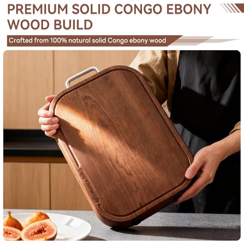 Wood Cutting Board for Kitchen, 14.5"×9.5"×1", Natural Ebony Wood | Double-Sided with Juice Groove, Non-Slip Feet, For Meat, Vegetables, Fruit, One-Piece Solid Construction