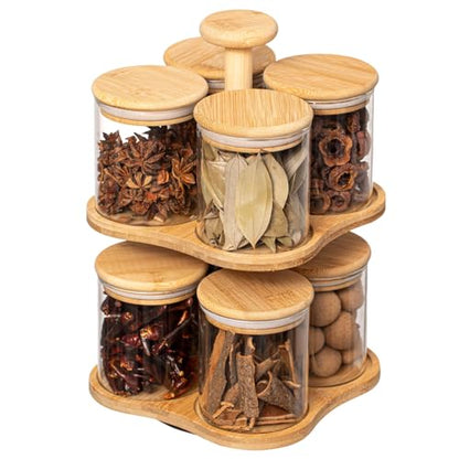 Minimalist Two-Tier Bamboo Lazy Susan Turntable with 8 Pcs 12 oz Airtight Lid Glass Jars, Versatile Spice Rack Organizer, Perfect for Kitchen Countertops, Dining Tables, and Pantry Cabinets
