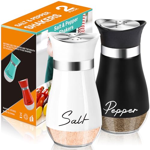 Salt and Pepper Shakers - 4 oz White and Black Glass Set with Steel Lids | Refillable Glass Shakers with Stainless Steel Lids for Cooking, Dining, RV Trips, Camping And BBQs; 4 oz Capacity Each. - color: White + Black