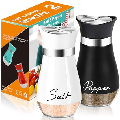 Salt and Pepper Shakers - 4 oz White and Black Glass Set with Steel Lids | Refillable Glass Shakers with Stainless Steel Lids for Cooking, Dining, RV Trips, Camping And BBQs; 4 oz Capacity Each. - color: White + Black