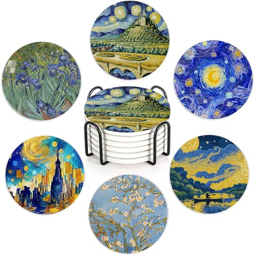 Drink Coasters Set of 6 with Holder, Van Gogh Style Absorbent Ceramic Coasters with Cork Base,Fit All Cups,Great Gift for Housewarming,Room Decor,Bar,Holiday Party - color: Van Gogh Style Painting