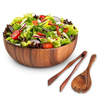 Acacia Wood Salad Bowl Set with Serving Utensils, 9 Inch Wooden Serving Bowl with Salad Fork and Tongs, One-Piece Glue-Free Crack Resistant Bowl for Salad, Fruit, Pasta and Snacks