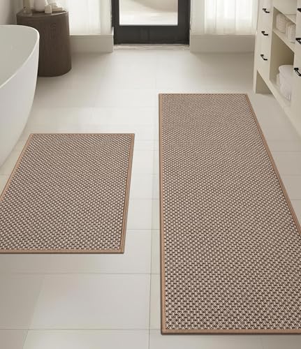 Thin Bath Mat Khaki Bathroom Rugs Sets 2 Pieces, Non Slip Absorbent Mats Quick Dry, Woven Rugs Washable, Tapetes para Baño for Bathroom Toliet,Bathtub(17"x24"+17"x47") - color: Khaki, size: 2Pieces(17"x24"+17"x47")