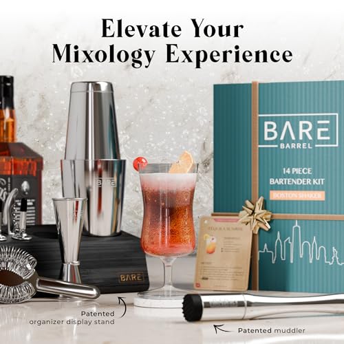 BARE BARREL® Mixology Bartender Kit Bar Set | 14-Piece Cocktail Shaker Set | Martini Barware Mixing Tools for Home Bartending | Incl. 35 Recipe Cards | Gift Set (28oz Boston Shaker, Silver/Black) - color: Silver/Black