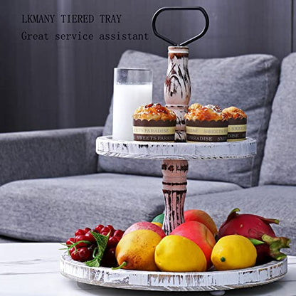 Two Tiered Tray Tier Trays Round Rustic Cupcake Stand,Serving Cakes Holder with Handles