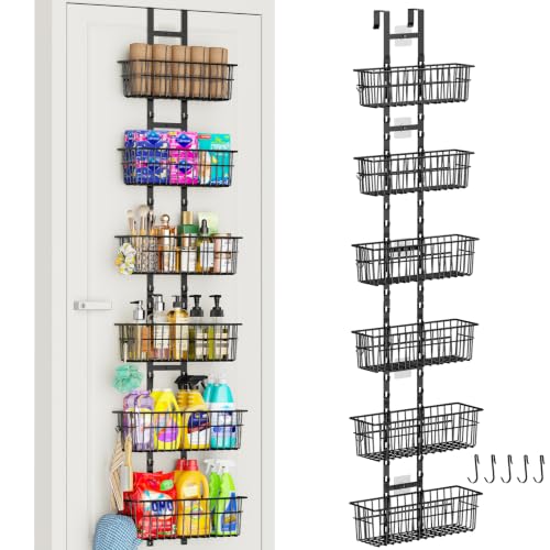 Hongtamoya Over The Door Organizer, Adjustable Hanging Door Organizer with 6 Wire Baskets 5 Hooks, Metal Behind The Door Storage for Pantry Closet Bedroom Bathroom Cabinet Kitchen Laundry Room, Black - color: Black Wire Basket, size: 6-Tier