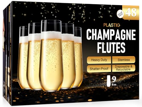 Guanqiao 48 Pack Stemless Plastic Champagne Flutes, 9 oz Clear Disposable Plastic Glasses, Heavy Duty Shatterproof Recyclable Mimosa Glasses for Party Wine Tasting Wedding New Years Eve Party Supplies - color: Clear, size: 48-pack