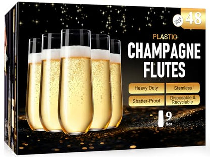Guanqiao 48 Pack Stemless Plastic Champagne Flutes, 9 oz Clear Disposable Plastic Glasses, Heavy Duty Shatterproof Recyclable Mimosa Glasses for Party Wine Tasting Wedding New Years Eve Party Supplies - color: Clear, size: 48-pack