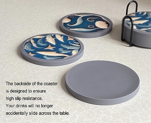 Absorbent Coasters for Drinks with Holder - 6packs, Silicone Coastes with Soft Felt Insert (4.3 inch Coasters with 4.5 inch Holder, Dual-Sided Ocean -Themed Patterns) - color: Dual-sided Ocean-themed Patterns
