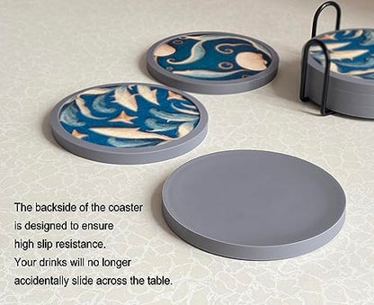 Absorbent Coasters for Drinks with Holder - 6packs, Silicone Coastes with Soft Felt Insert (4.3 inch Coasters with 4.5 inch Holder, Dual-Sided Ocean -Themed Patterns) - color: Dual-sided Ocean-themed Patterns