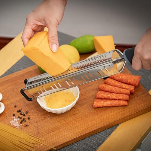 3-in-1 Lemon Zester & Cheese Grater, 304 Stainless Steel, 15-Inch, Black | Three Blade Surfaces for Fine Zesting, Coarse Grating and Slicing, 304 Stainless Steel, Non-slip TPE Handle, Dishwasher Safe - color: L-Black