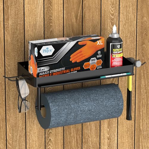 Taozun Garage Paper Towel Holder, Wall Mount Shelf, Shop Towel Holder, One-Hand Tear, Paper Towel Holder Wall Mount with 4 Detachable Hooks for Garage Organization and Storage(Black) - style: TH002