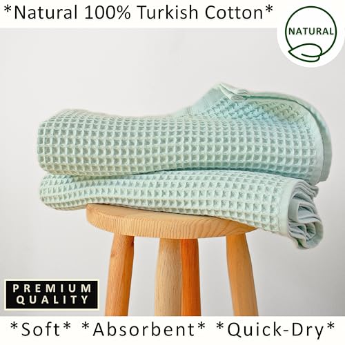 PÜSKÜL 2-Piece Natural 100% Turkish Cotton Waffle Bath Towels Extra-Large | Ice Green, 32x63" Bath Sheet Towel, Light Soft Absorbent Quick-Dry Lint-Free Premium Honeycomb Weave Oeko-Tex Made in Turkiye - color: Ice Green