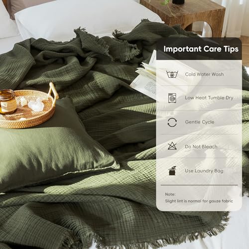 MooMee 100% Cotton Muslin Blanket, Fringed 4-Layer Gauze Bed Throw Blankets | Soft Breathable Lightweight Thin Coverlet Summer Blankets for Adults, Bed & Couch All Seasons, Olive Green, 108" x 98" - color: Olive Green, size: Super King
