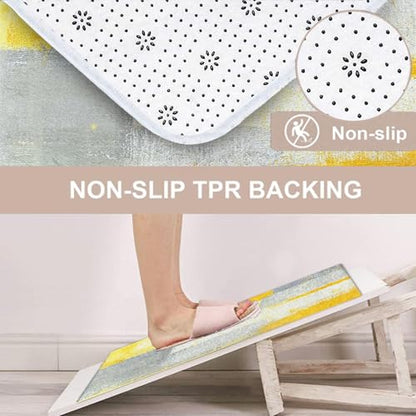 Bathroom Rug Set of 3, Bath Mats Abstract Art | Painting Yellow Grey 3 Pieces No Silp Washable Cover Floor Rug Decorations for Kitchen Bathroom