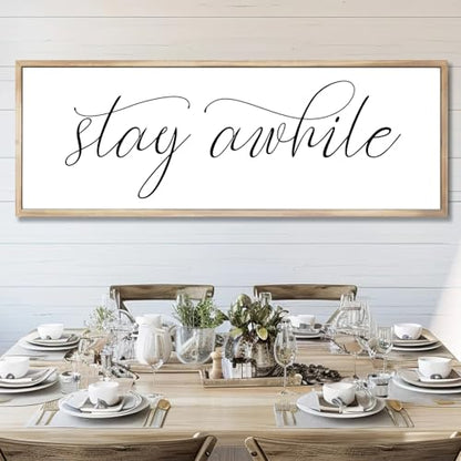Rutiyoka Stay Awhile Sign Framed Farmhouse Dining Room Wall Decor Large 42"×15" Wood Kitchen Wall Art Brown - color: stay awhile (brown frame)