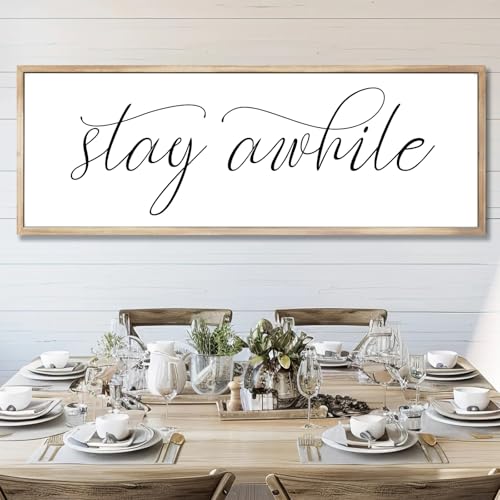 Rutiyoka Stay Awhile Sign Framed Farmhouse Dining Room Wall Decor Large 42"×15" Wood Kitchen Wall Art Brown - color: stay awhile (brown frame)
