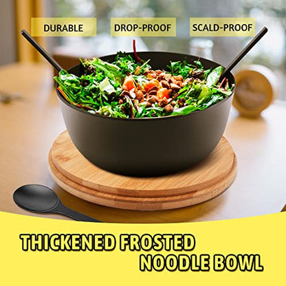 ECOWAY Bamboo Fiber Salad Bowl with Lid & Servers, 4Qt, Melamine Salad Serving Bowls Set with Bamboo Lid, Salad Mixing Bowl with Spoon Fork for Fruits Vegetables and Pasta (Black, 9.8inch) - color: Black with lid