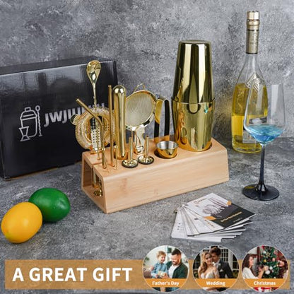 Cocktail Shaker Set Bartender Kit with Bamboo Stand, 15-Piece Stainless Steel Bar Set Accessories, Professional Bartending Kit Home Bar Tools Set with Recipes (Gold, Natural Wood Stand) - color: Gold, size: Wood Stand