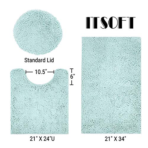 Standard 3pc Non-Slip Shaggy Chenille Bathroom Mat Set, Includes 24"x21" U-Shaped Contour Toilet Rug, 34"x21" Inches Bathmat and 1 Toilet Lid Cover, Spa Blue - color: Spa Blue, size: 24''x21’’, 34’’x21’’ and TLC (Set)