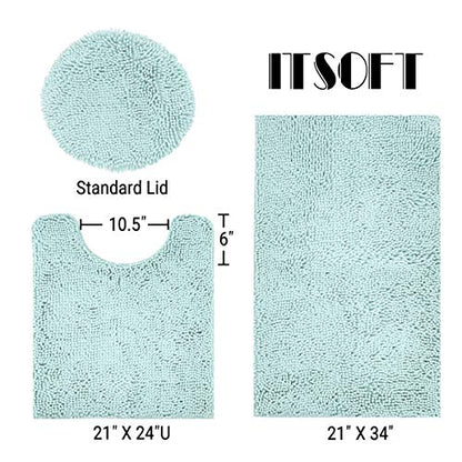 Standard 3pc Non-Slip Shaggy Chenille Bathroom Mat Set, Includes 24"x21" U-Shaped Contour Toilet Rug, 34"x21" Inches Bathmat and 1 Toilet Lid Cover, Spa Blue - color: Spa Blue, size: 24''x21’’, 34’’x21’’ and TLC (Set)