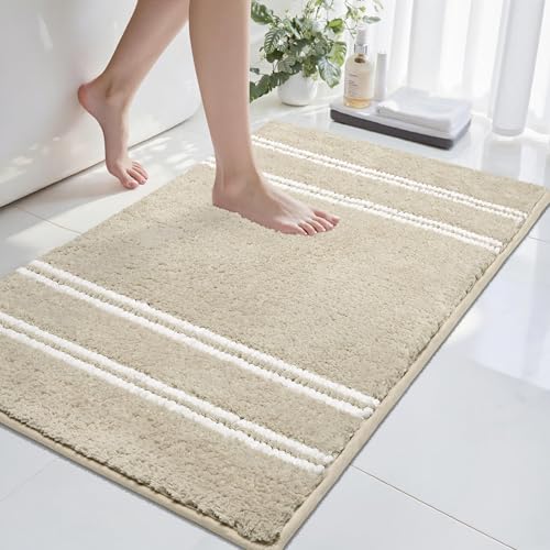 Bathroom Rugs Non Slip Washable 24x17, Ultra Soft Super Absorbent Bath Rugs for Bathroom Floor, Shaggy Chenille Bath Rug, Microfiber Plush Quick Dry Bath Mat for Bathtub, Sink and Shower, Beige - color: Beige, size: 17''x24''